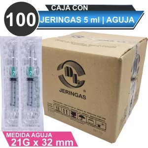 100 Jeringas De Plástico 5 Ml Con Aguja 21x32 Estéril